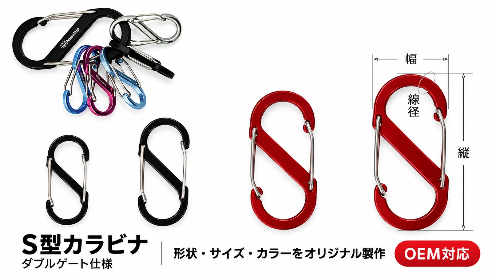 S型カラビナのダブルゲート構造とサイズ比較