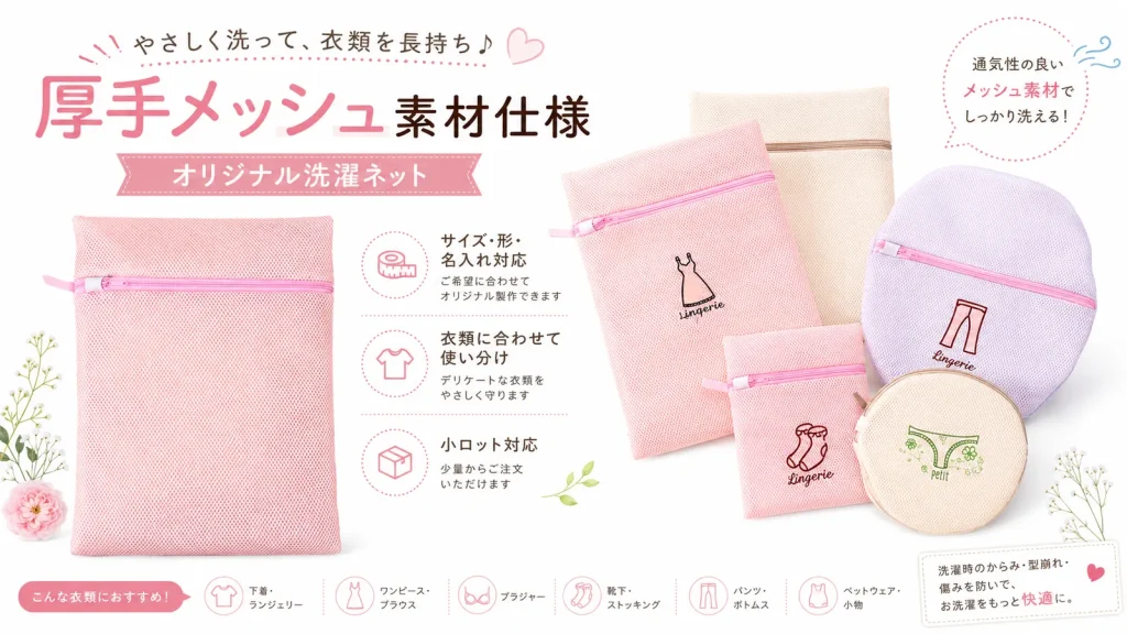 厚手メッシュ素材で衣類をやさしく守る洗濯ネット