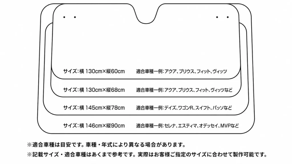 車種に合わせて選べるカーサンシェードサイズ