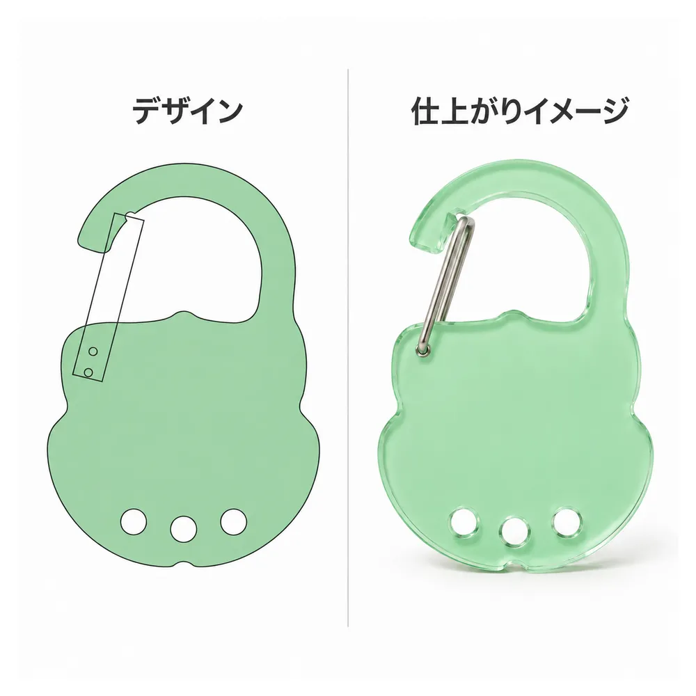 緑色のオリジナル形状アクリルカラビナのデザイン案と仕上がりイメージの比較